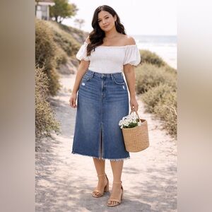 Y2K Inspired Denim Skirt Midi 28 Distressed Hem Stretch Cottagecore Modest